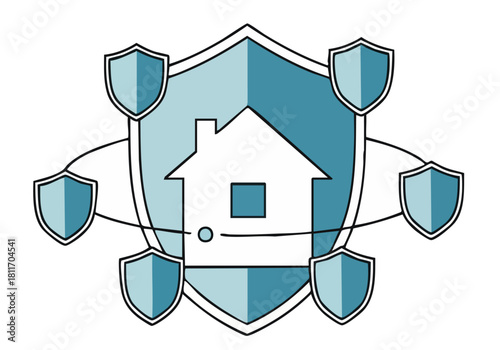 A stylized shield protects a house, symbolizing data backup and security. Modern, blue and grey design. Ideal for tech, cybersecurity, and protection concepts.