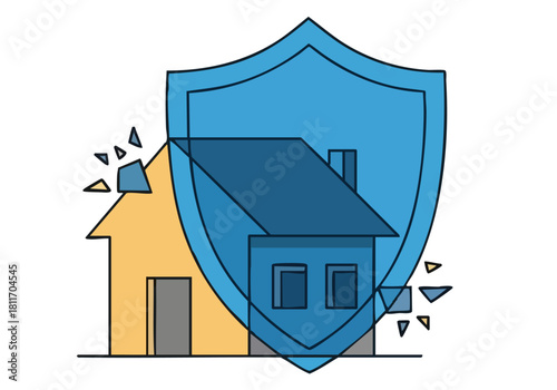 A stylized shield protects a house, symbolizing home security and peace of mind. Modern, flat design illustration. Ideal for insurance, safety, and protection concepts.