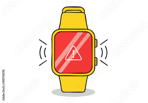 A yellow smartwatch displays a "SUN ALERT LIVE" warning with a red triangle. Clean, modern illustration style. Ideal for health, technology, and warning concepts.