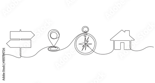 Location,home,road compass,road sign icon continuous single line art drawing vector illustration,Continuous Line Art Journey Navigation, Location, and Home Symbols
