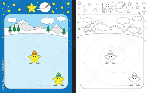 Preschool worksheet for practicing fine motor skills - tracing dashed lines from one little star to another