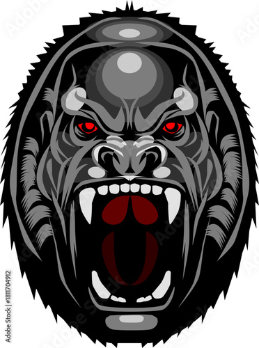 Fierce gorilla head roaring with glowing red eyes vector art