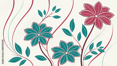 3D floral teal and rose pattern on decorative wall panel with wavy abstract lines and glossy composite design, seamless 