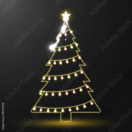 Line animation of Christmas tree with energy charge flashes running sequentially along the branches, outline style, 5-second loop, for Christmas and winter holiday design.