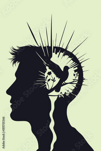 Surreal silhouette artwork showing a bird emerging from a shattered mind, symbolizing emotional healing, inner freedom, and mental transformation. Ideal for themes of psychology, trauma recovery, and 