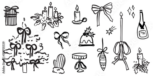 Winter whimsical christmas tree doodle sketch vector illustration. Holiday line art simple party decoration for new year. Minimalist snowflake outline set. 