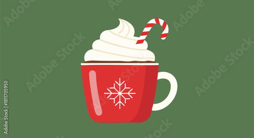 A festive red mug of hot chocolate topped with whipped cream and a candy cane.