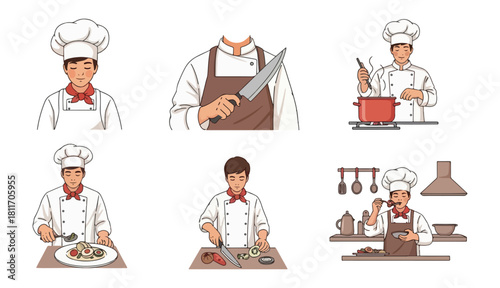 Chef illustrations cooking preparation kitchen elements