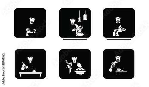 Chef icons food preparation stages in black and white