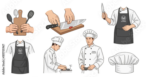 Chef kitchen cooking utensils and uniforms vector set