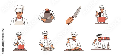 Chef in various cooking activities cartoon illustration set