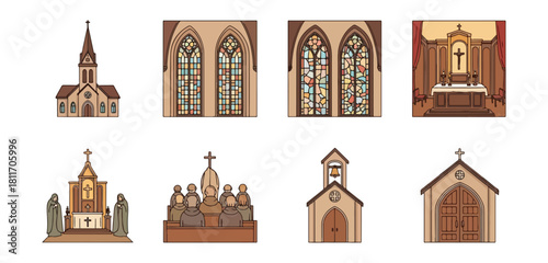Church buildings and religious icons illustrations vector set