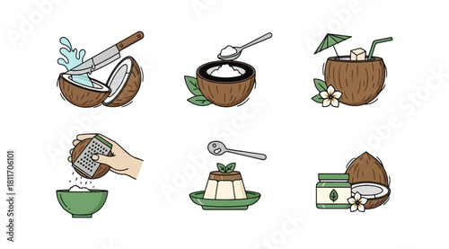 Coconut preparation process illustrated vector graphics