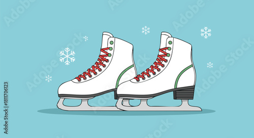 Illustration of white ice skates with red laces on a blue background with snowflakes.