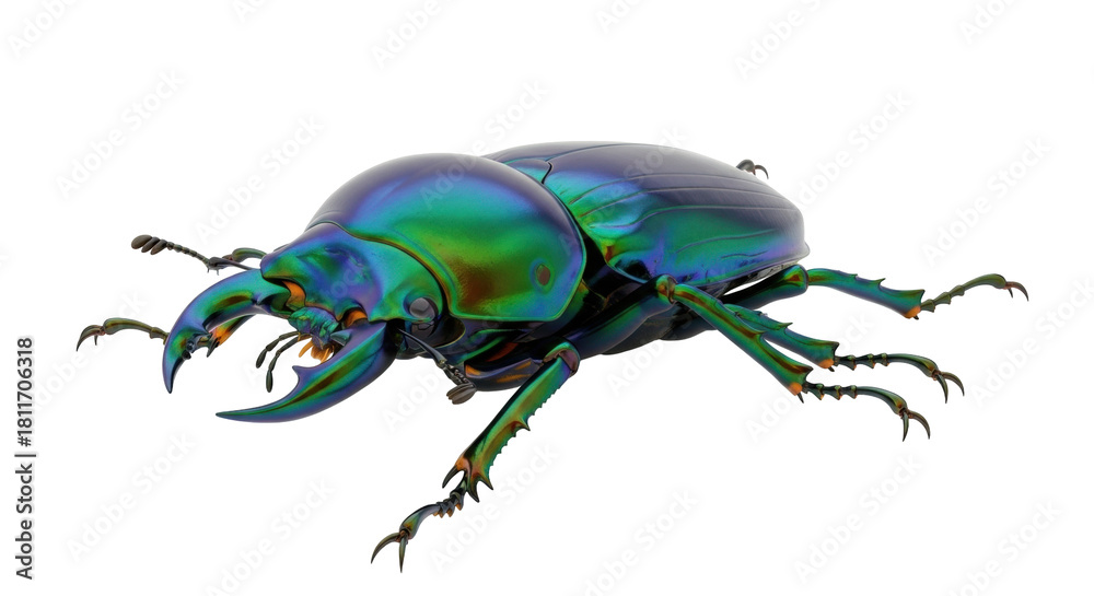Fototapeta premium Isolated iridescent insect, beetle with large jaws and ornate legs, colorful macro closeup