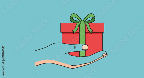 An illustrated hand holding a red gift box tied with a green ribbon and bow against a blue background.