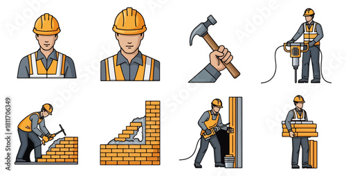 Construction workers and tools icons set for design