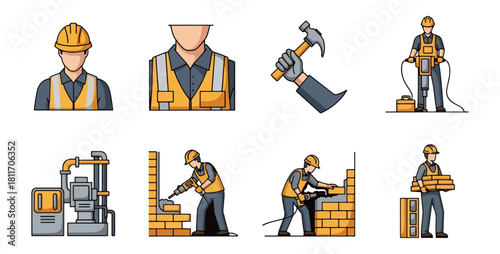 Construction workers and tools icons for building and renovation