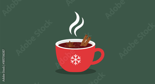 Steaming red mug of a hot winter drink with cinnamon and star anise spices on a green background.