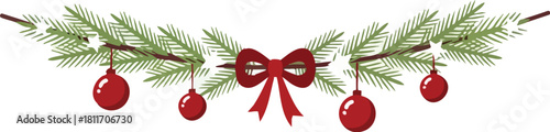 Festive Christmas garland with pine branches, red ornaments, and a bow.