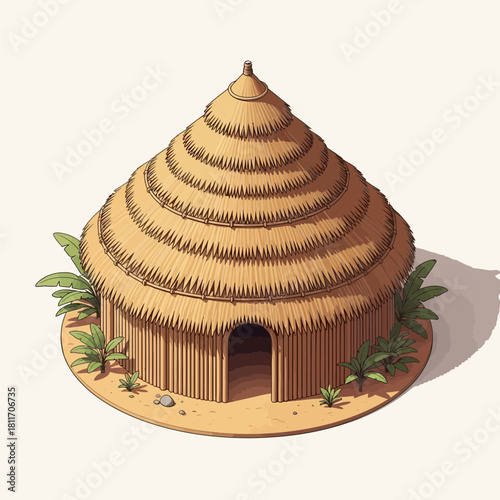 Charming Tropical Hut Illustration with Thatch Roof and Lush Green Plants