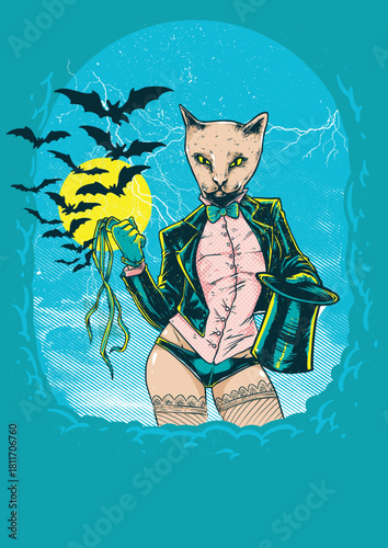 Feline ringmaster with cat head holding whip and top hat