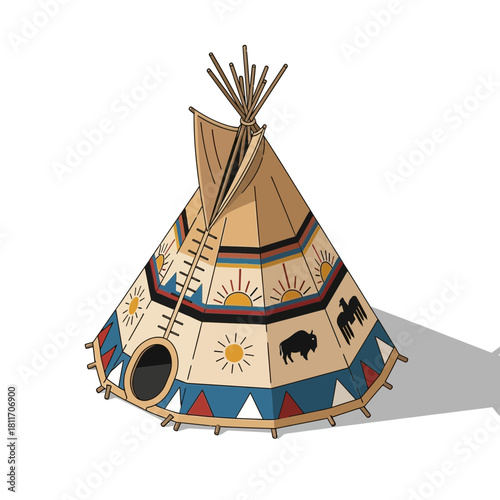 Illustration of an indigenous teepee tent with cultural symbol drawings