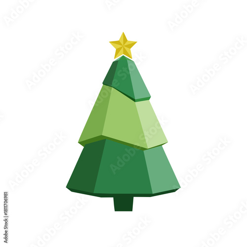 3D Low Poly Christmas Tree Icon with Golden Star Vector