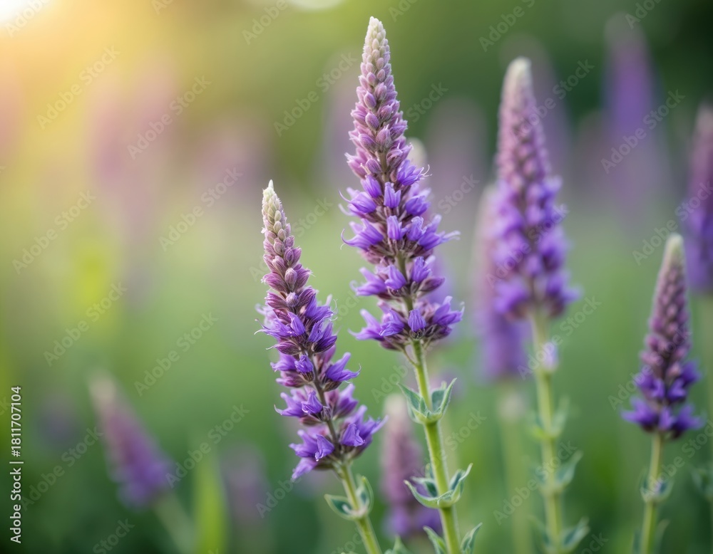 Obraz premium Close up photo shows vibrant purple hyssop flowers blooming. Green stems with blooming hyssop flower spikes on a soft blurred background. Plants grow outdoors in the sun.