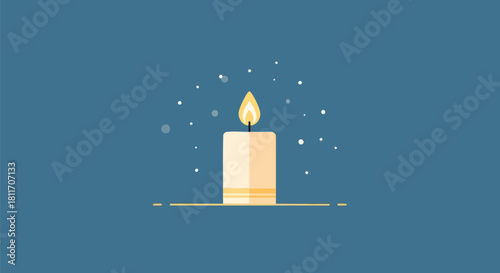 A minimalist vector illustration of a single lit candle with a glowing flame and sparkles on a blue background.