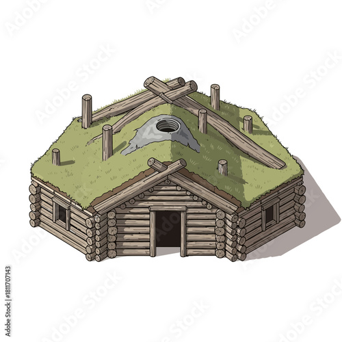 Isometric illustration of a traditional Scandinavian log cabin with sod roof