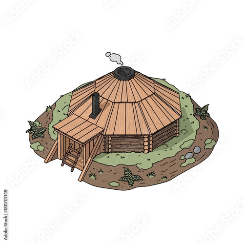 Isometric Illustration of a Traditional Scandinavian Sami Kota Hut Dwelling