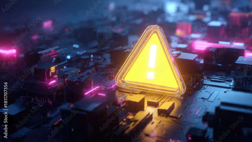 Naklejka premium Glowing yellow warning sign with exclamation mark on futuristic circuit board, illuminated by neon pink and blue lights. Digital alert.