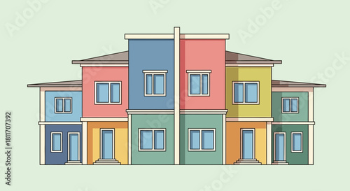 Colorful modern townhouses in a row, perfect for real estate marketing, urban planning concepts, and contemporary architecture illustrations of suburban life