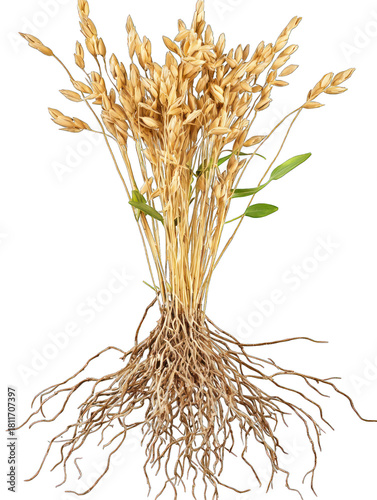 Isolated oat plant showing grains at the top and roots at the bottom