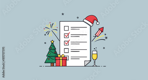 Festive holiday checklist with Christmas and New Year's resolutions and decorations.