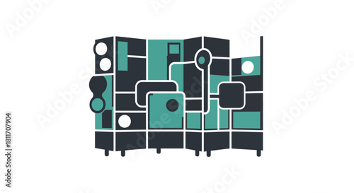Modern abstract geometric shapes collage artwork in teal and black, offering a unique design element for creative projects and modern marketing campaigns