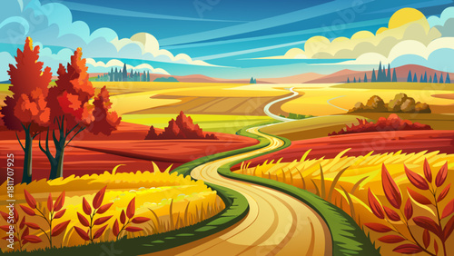 Very beautiful scenic view of a curving dirt road winding through golden corn fields toward the horizon, with the Red River riverbank forest in the distance under a bright sky, capturing the serene ru