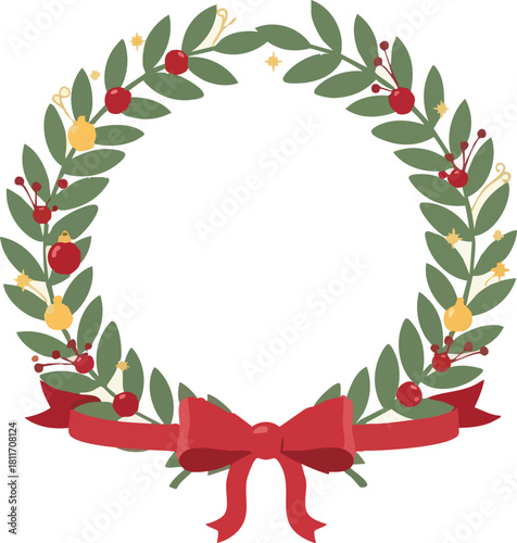 A festive green Christmas wreath adorned with red berries, golden accents, and a large red bow at the bottom.