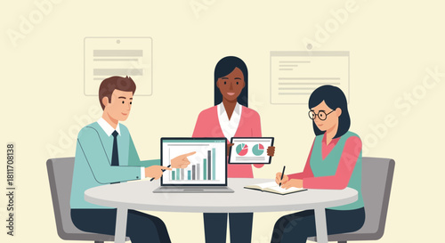 Dynamic team collaborating on data insights, reviewing charts and graphs for business growth, fostering teamwork and strategic decisions in a modern workplace