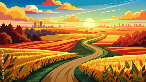 Very beautiful scenic view of a curving dirt road winding through golden corn fields toward the horizon, with the Red River riverbank forest in the distance under a bright sky, capturing the serene ru