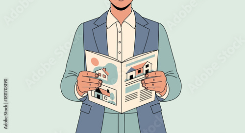 Stylish professional browsing real estate catalog, seeking dream home investment, exploring property options in modern brochure, making informed decisions