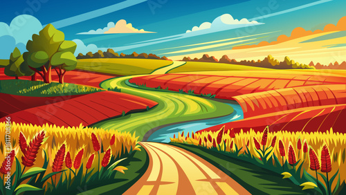 Very beautiful scenic view of a curving dirt road winding through golden corn fields toward the horizon, with the Red River riverbank forest in the distance under a bright sky, capturing the serene ru