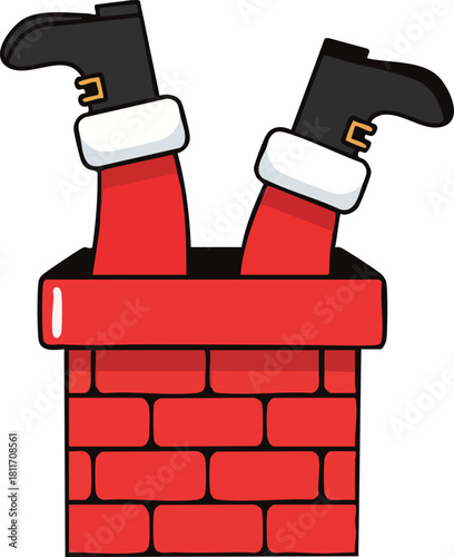 Funny cartoon illustration of Santa Claus's legs and boots sticking out of a red brick chimney.