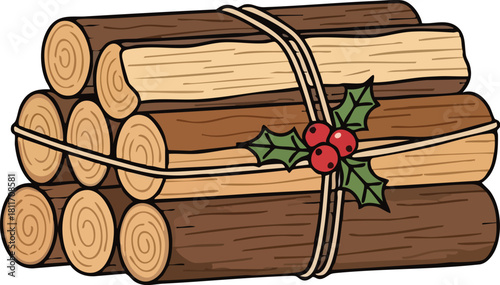 A bundle of firewood tied together with string, decorated with holly berries.
