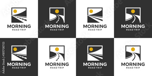 Set of morning trip logo design template illustration. Asphalt road concept vector design with sun symbol graphic icon