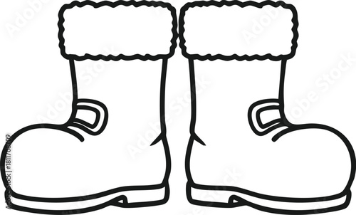 Black and white cartoon drawing of two fluffy winter boots.