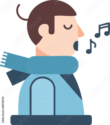 A vector illustration of a person in profile wearing a blue scarf and singing with musical notes.