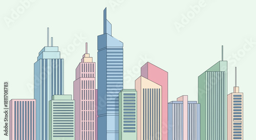 Colorful cartoon cityscape with modern skyscrapers, perfect for urban planning presentations or architectural design websites, originally vector graphics