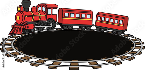 A red cartoon steam train with two passenger cars traveling on a circular railroad track frame with a black center.